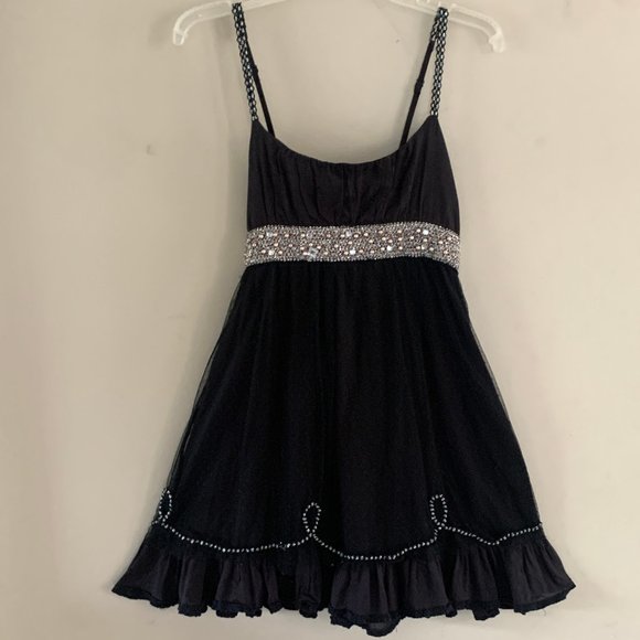 FREE PEOPLE Tiered Babydoll Boho Dress with Rhinestones.  Black /Size Small. - Picture 1 of 3